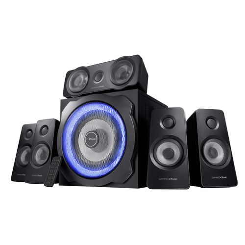 Trust Gaming GXT 658 Tytan Enceinte PC Gamer 5.1, avec Caisson de Basses pour Ordinateur (180 Watt), LED Lumineuse, Télécommande sans Fil, Enceinte pour PC, Ordinateur Portable - Noir/Bleu