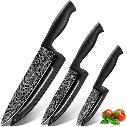 Ensemble De Couteaux De Cuisine 3 Pièces Avec Couverture, Couteaux Noirs En Acier Inoxydable Pour Cuisine, Ensemble De Couteaux De Chef Motif Damas Avec Étui, Couteaux Tranchants Pour La Cui